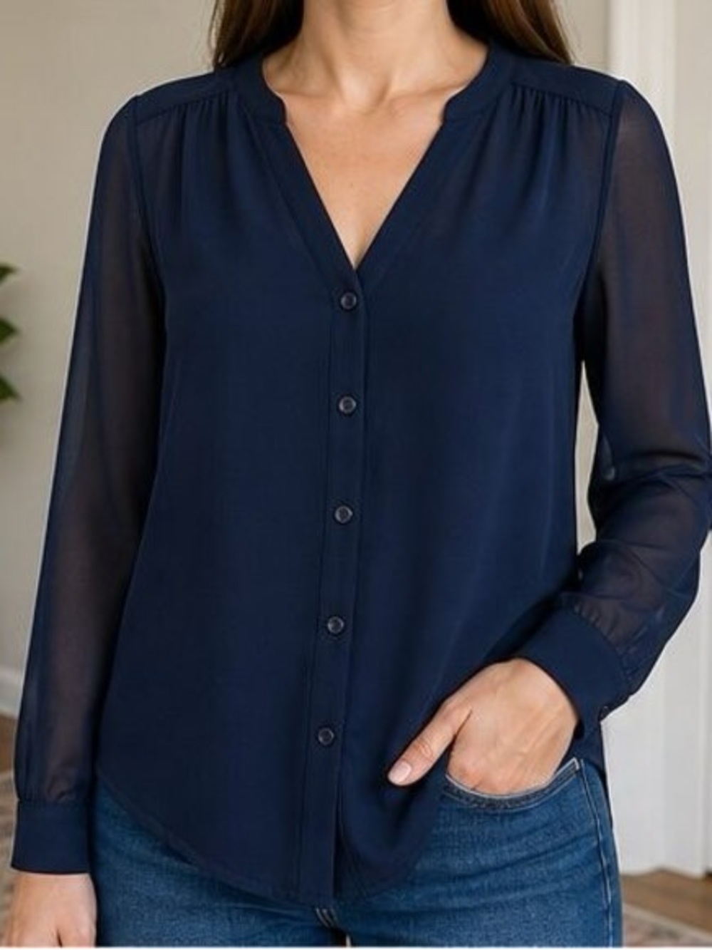 Women’s Navy Button-Front V-Neck Blouse - Picture 2 of 6